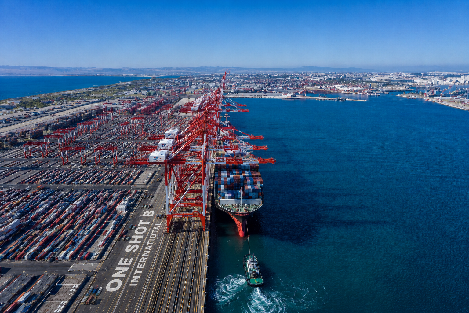 Port of Haifa with red gantry cranes
